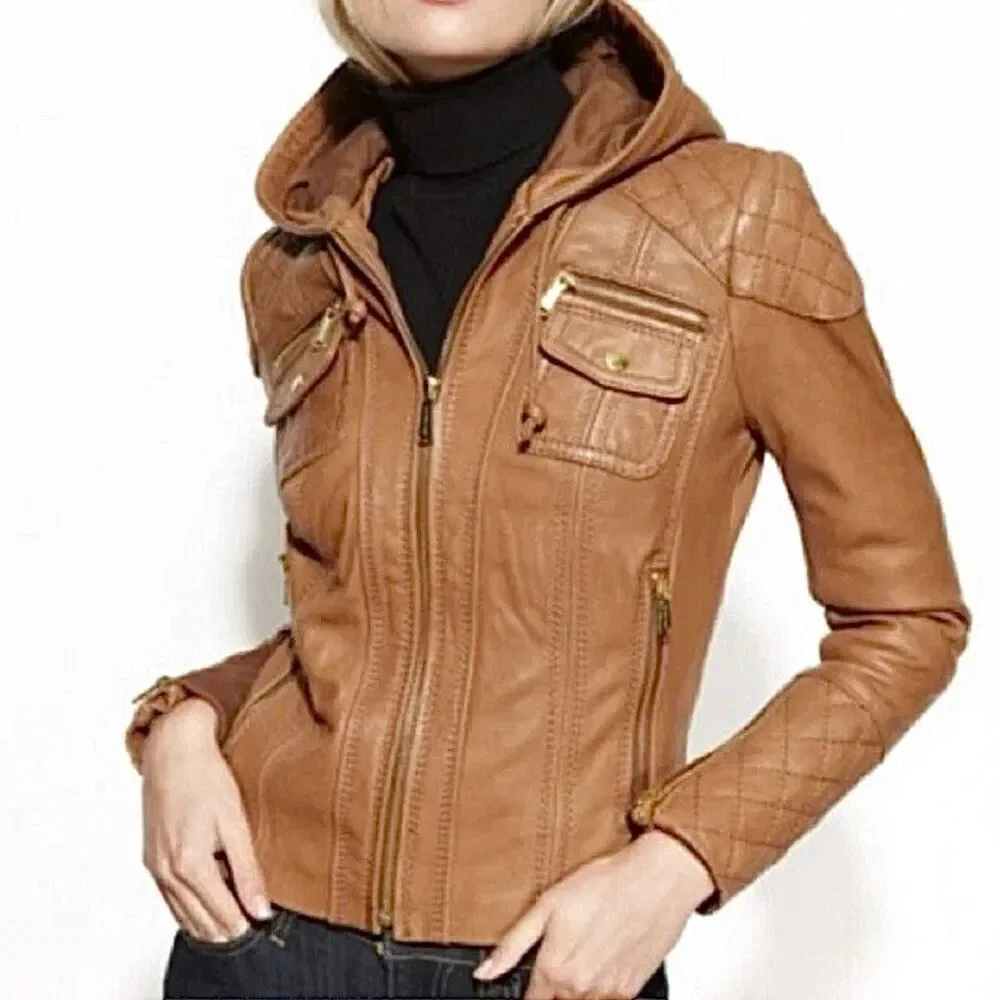 Michael Michael Kors Women's Size Small Quilted Moto Jacket Brown Soft Leather